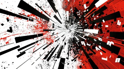 a bauhaus illustration in white, black and red of an explosion of content, the content is made by single letters, words and whole sentences flying in all directions