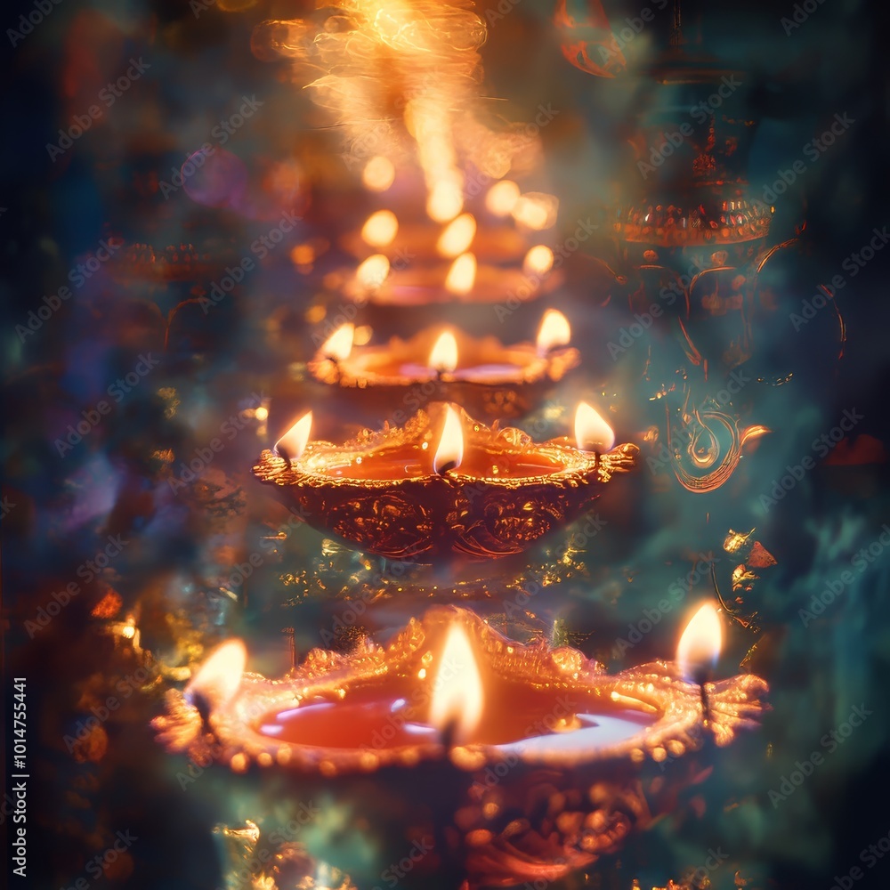 Poster a row of candles in gold and red are lit, creating a warm and inviting atmosphere