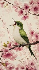 Bird sitting on a branch of a flowering tree, close-up photo