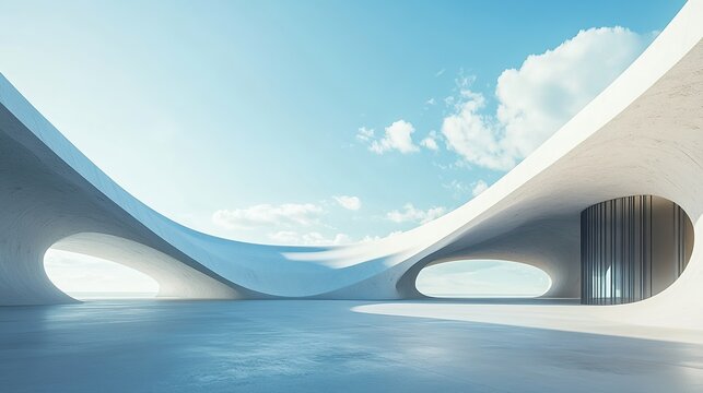 3D render of a modern minimalist abstract futuristic architecture with a car park, and empty concrete floor on a blue sky background. Modern white abstract shapes for product presentation, or display.