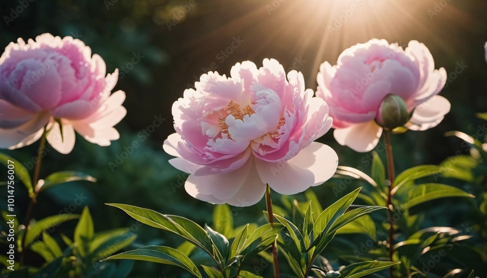 Poster The vibrant peony blooms in shades of pink stand tall as the golden sun sets in the background, creating a serene and atmospheric landscape filled with warmth. Generative AI