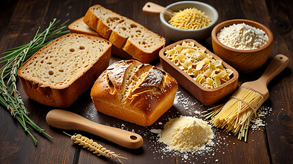 Gluten food flour bread pasta top view. Ai generative