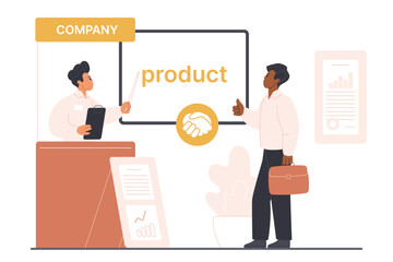 Information about commercial product of company on business exhibition or fair, tradeshow booth. Man pointing on display presentation to show advertisement to businessman cartoon vector illustration