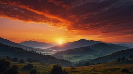 Obraz premium Realistic illustration of a sunrise landscape behind the mountains with beautiful orange light in the sky that is pleasing to the eye