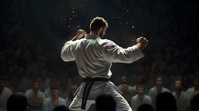A karate competitor breaking boards with precision, surrounded by an audience gasping in awe.


 - Powered by Adobe