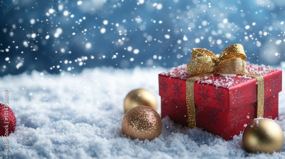 Poster a vibrant red gift box, topped with a shimmering golden bow, rests on a bed of fluffy snow. surround