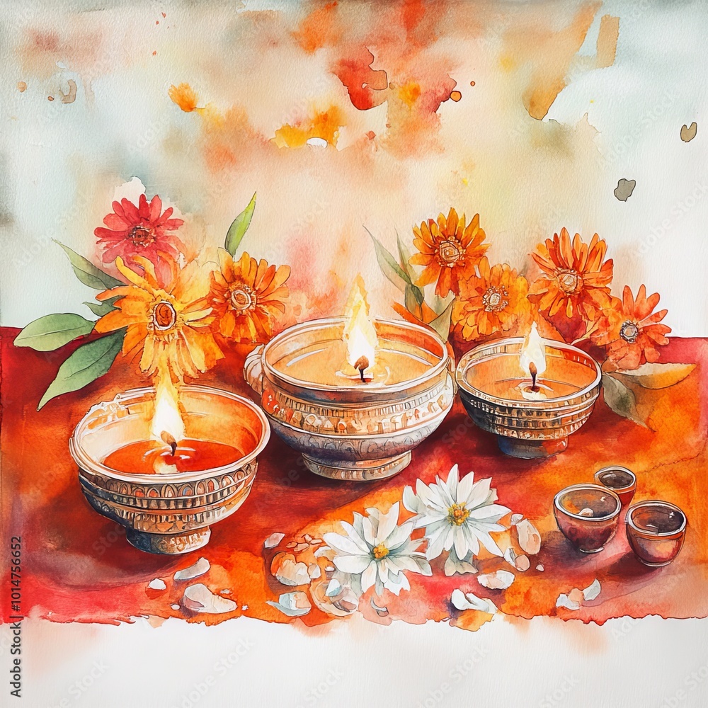 Poster Diwali-themed watercolor art featuring soft, festive colors and traditional elements.