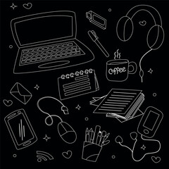 Laptop, wired mouse, tablet and headphones in a vector image. The doodle set of office supplies is black and white.