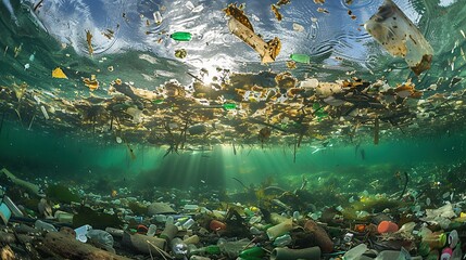 A Haunting Underwater Landscape of Plastic Pollution. Trash in the ocean, river or lake water