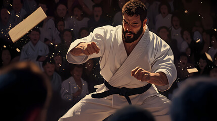 A karate competitor breaking boards with precision, surrounded by an audience gasping in awe.


