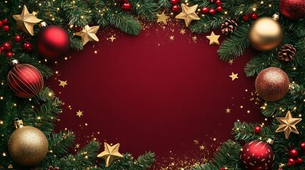 Christmas border with red and gold ornaments, pine branches, berries and stars on a burgundy background.