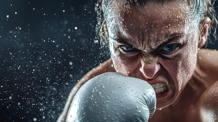 A female boxer in a fierce exchange, sweat glistening on her face as she dodges a punch.


