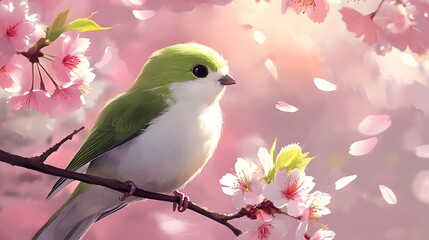 Fototapeta premium Bird sitting on a branch of a flowering tree, close-up photo