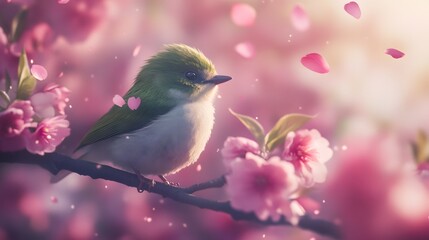 Obraz premium Bird sitting on a branch of a flowering tree, close-up photo