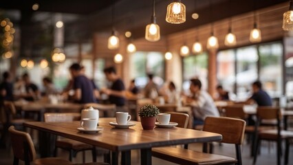Blur coffee shop or cafe restaurant, Blurred restaurant background with some people and chefs working