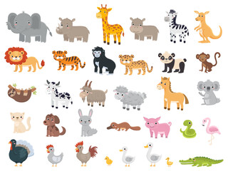 Cute cartoon animals set. Vector illustration in flat style isolated. Printable templates