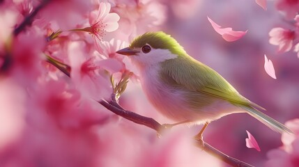 Bird sitting on a branch of a flowering tree, close-up photo