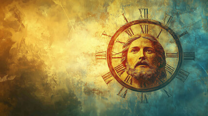 Fototapeta premium Timeless Round Clock Design Illustrating Jesus Ascending to Heaven, Symbolizing His Triumph Over Death and His Descent Below All Things