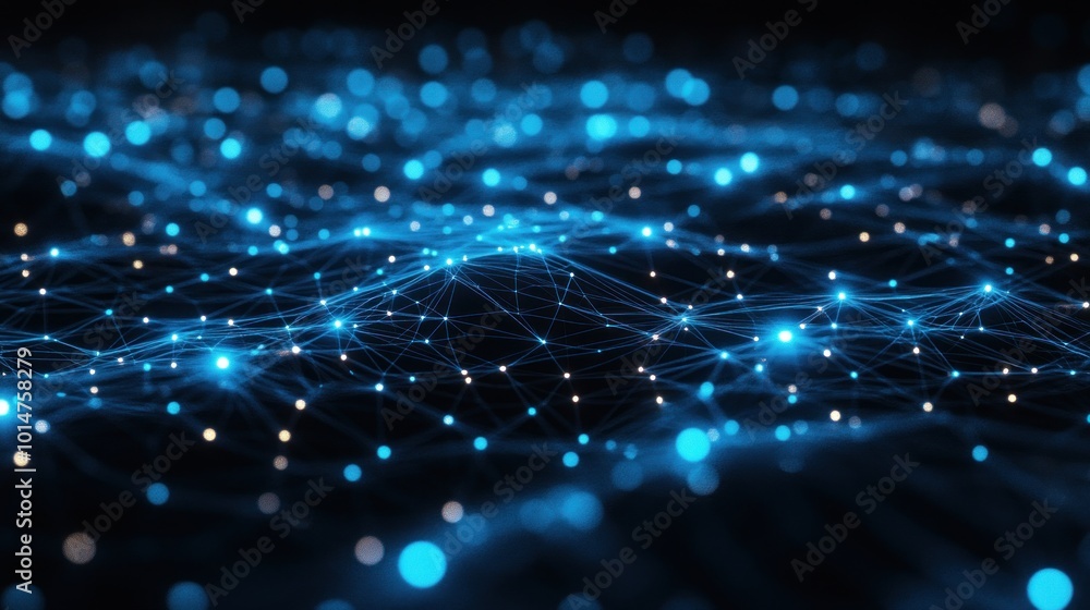 Poster abstract representation of interconnected networks with glowing blue and white nodes.