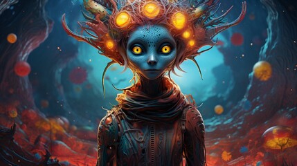 alien being,  unique features, vibrant colors, and a sense of mystery 