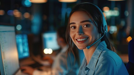 A beautiful smiling female call center agent with a headset in the office at night, working on a computer and looking at the camera. She is wearing a blue shirt