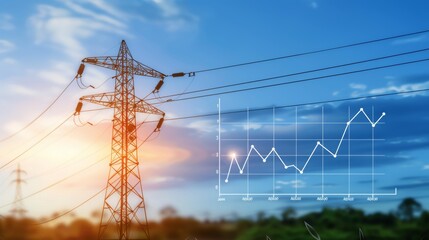 Transmission tower and sparkline chart depict rising electricity prices in energy crisis