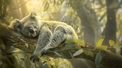 Fototapeta premium A koala is sleeping on a tree branch