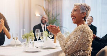 Applause, champagne and people at dinner party for celebration, social event and gathering. Glass,...