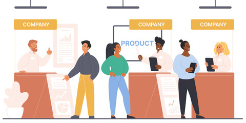 People visit business exhibition, public tradeshow event in expo center. Crowd of female and male visitors stand at infographic promoter booths advertising company products cartoon vector illustration