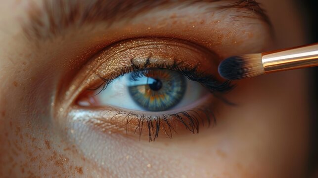 Close-up of a woman's eye with golden eyeshadow being applied with a brush.