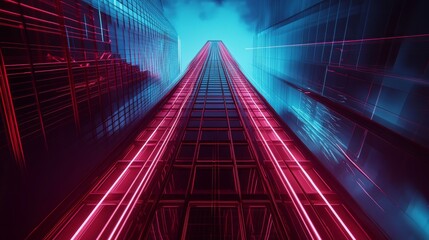 Futuristic Skyscraper with Neon Lights and Reflective Glass in a Modern Urban Cityscape at Night