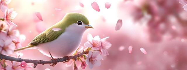 Fototapeta premium Bird sitting on a branch of a flowering tree, close-up photo