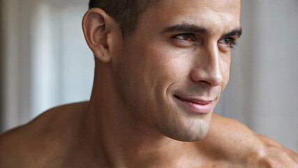 Obraz premium Smiling Man Looking Away: A handsome young man with a warm smile looks thoughtfully away from the camera, his expression filled with a sense of contentment and inner peace.men's health concept
