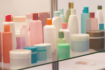 Set of usual plastic bottles from a household on display