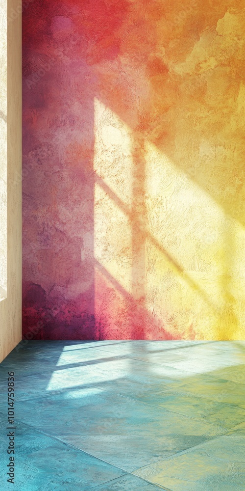 Poster a brightly lit room with sunlight streaming through a window, casting shadows on colorful gradient w