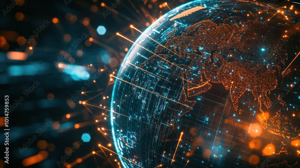 Poster a digital representation of earth with glowing connections, symbolizing global networking.