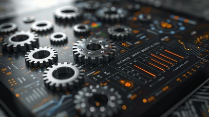 Fototapeta premium Close-up of metallic gears on a futuristic digital interface.
