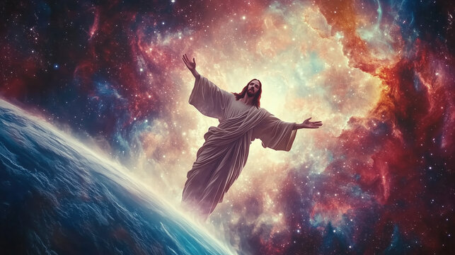 Immersive YouTube Cover Design Featuring a Celestial Jesus with Open Arms in a Colorful Universe Filled with Galaxies, Stars, and Planets, Evoking Awe and Faith