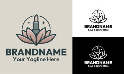 Floral Lipstick Cosmetics Logo Design Template for Beauty and Makeup Brands