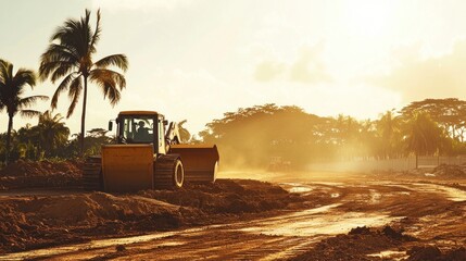 A bulldozer working on a construction site during sunset, creating a dusty landscape.