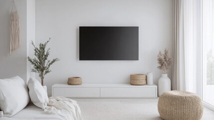 This cozy living space features a minimalist design with a large television mounted on a white wall. Natural light floods the room, highlighting various plants and decorative elements.