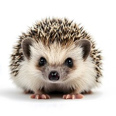 Obraz premium A close-up of a small hedgehog with brown and white quills, looking at the camera with big eyes.
