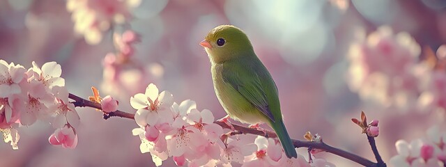 Bird sitting on a branch of a flowering tree, close-up photo