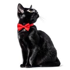Black cat wearing a red bow tie, looking up curiously.
