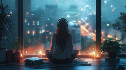 A girl watching a city by night, anime manga girl, lofi background wallpaper design, video background, anime girl, Manga Style, 16:9