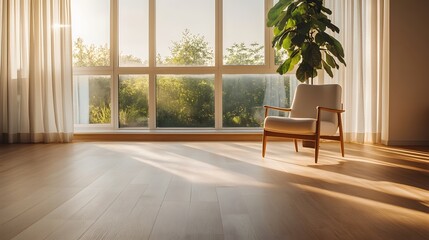 A single white armchair sits by a large window with sheer curtains, bathed in the warm glow of the sun.