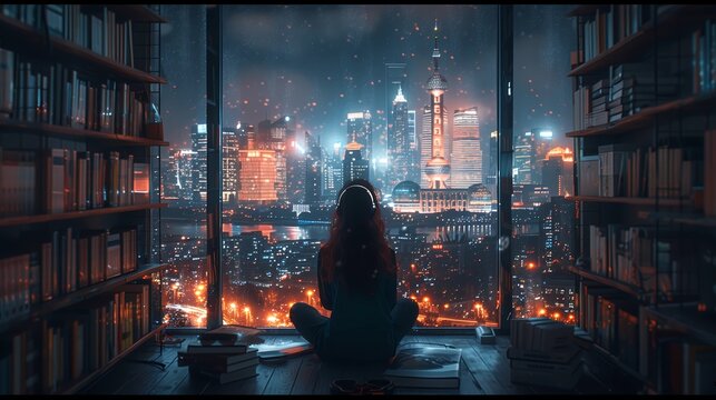 A girl watching a city by night, anime manga girl, lofi background wallpaper design, video background, anime girl, Manga Style, 16:9