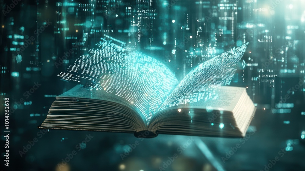 Poster a glowing, digital book surrounded by floating data, symbolizing knowledge and technology.