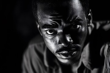 Close-up portrait of a young man looking intensely into the camera.