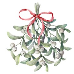 Mistletoe watercolor bouquet with red bow. Christmas decorative element.
